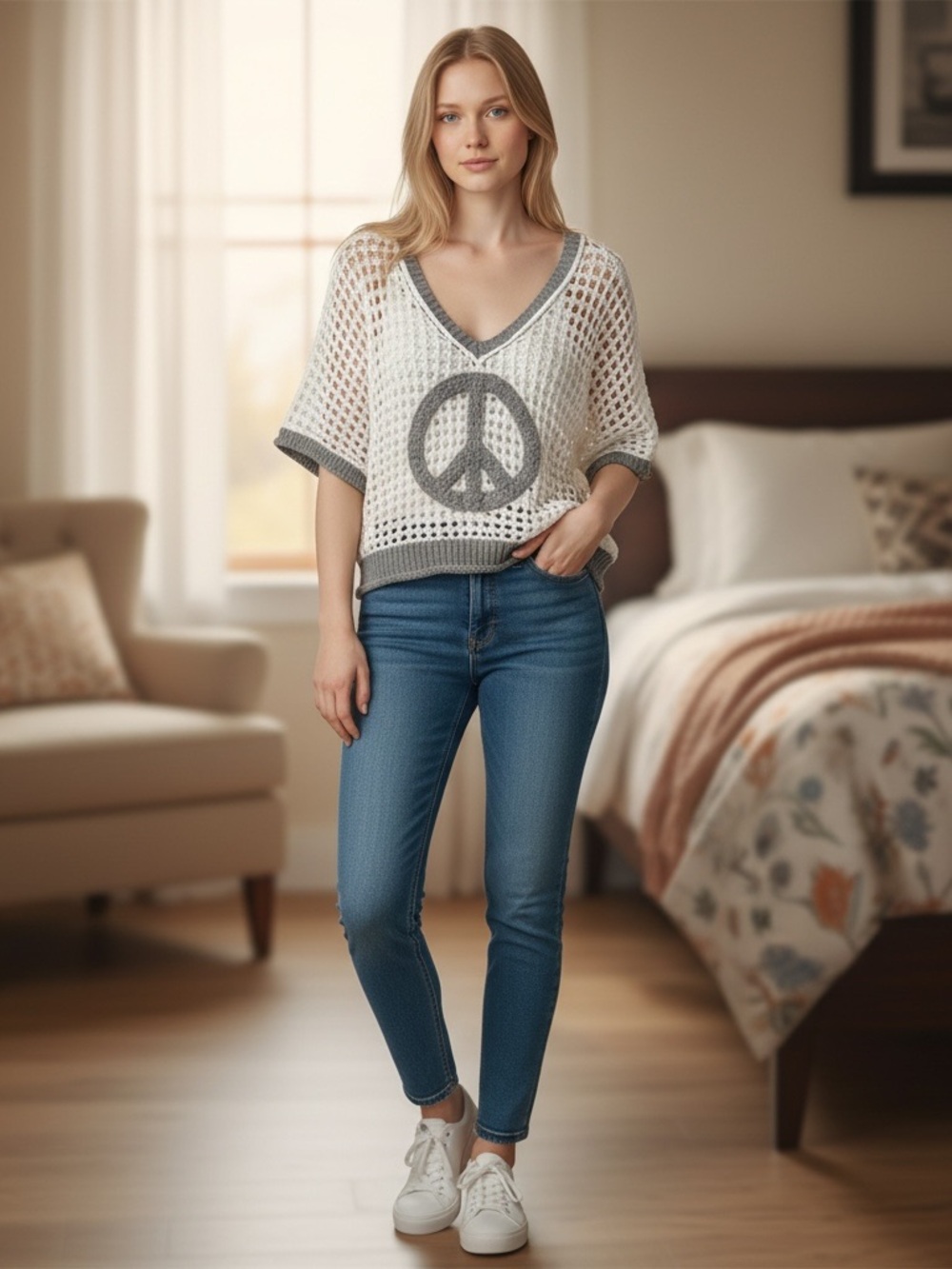 POL White Gray Embroidered Peace Sign Open Knit Sweater